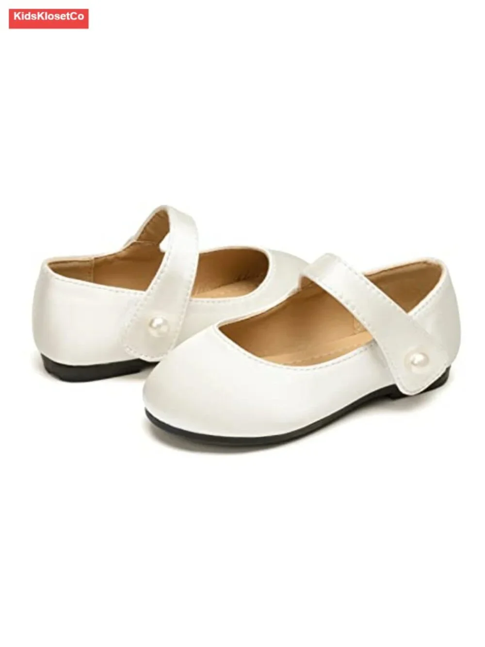 Toddler Girls Mary Jane Flats Dress Shoes with Pearl Strap, Soft TPR Sole